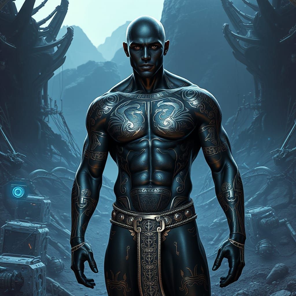 Metallic Figure with Egyptian Tattoos on Alien Planet