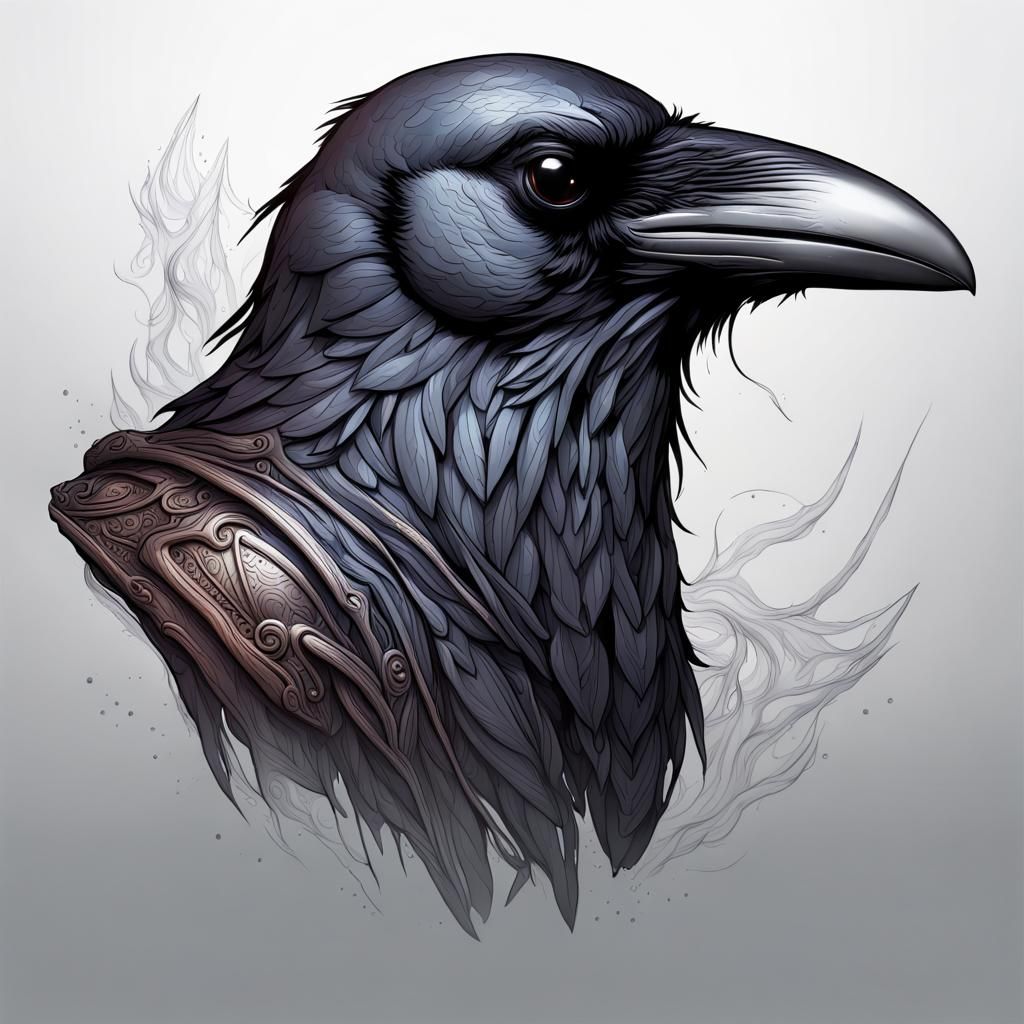 Detailed Raven Head Line Art in Matte Painting Style