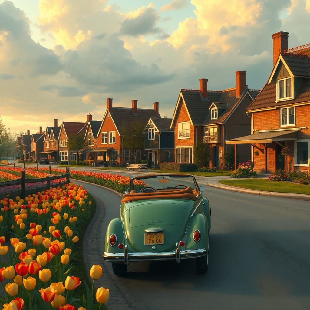 Vintage Car in Dutch Village: Impressionist Style