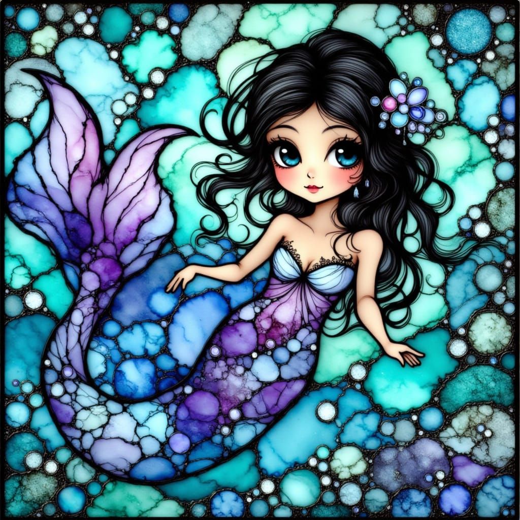 Stained Glass Mermaid in Art Nouveau Style