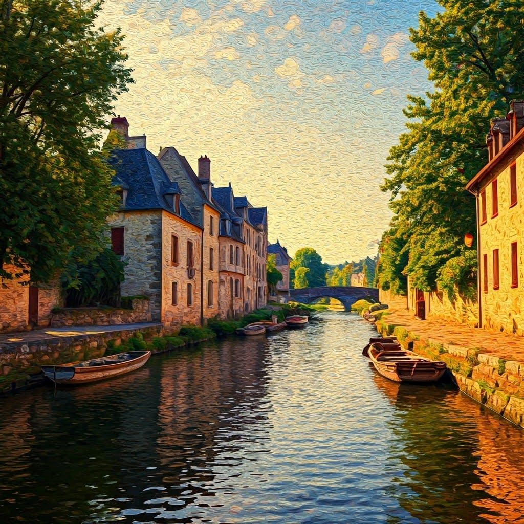 Pointillist River Town Inspired by Van Gogh