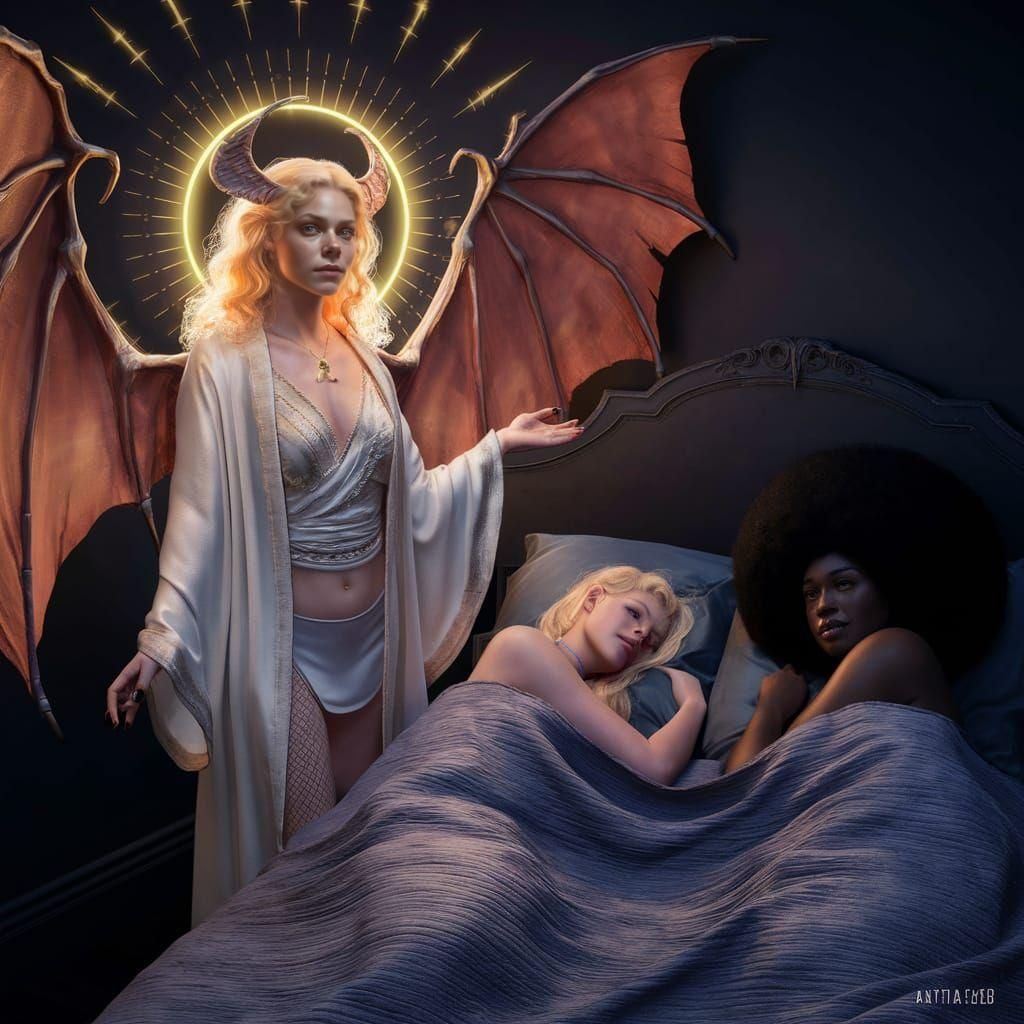 Bat-Winged Satyr Radiating Golden Aura in Bedroom