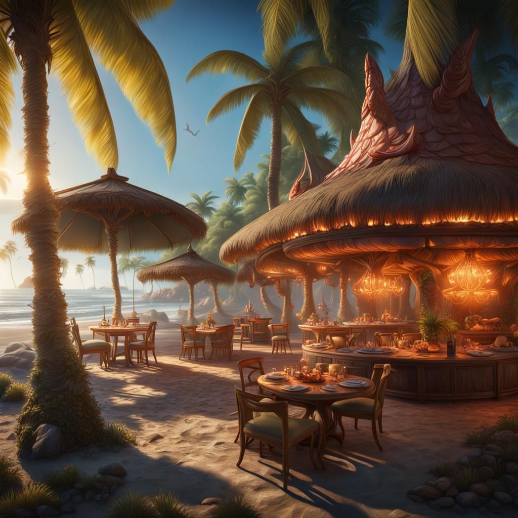 Beach Seafood and Palm Trees in Fantasy Art Style