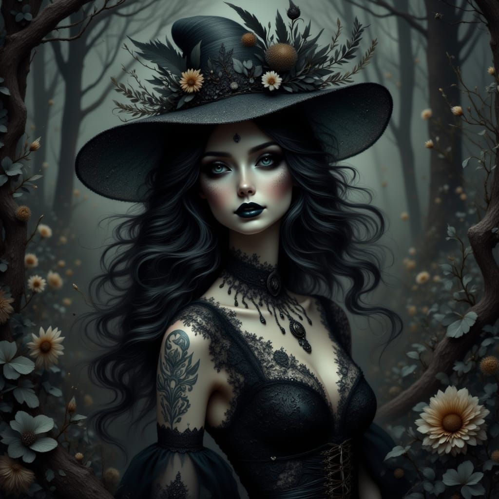 Whimsical Dark Forest Goddess in Gothic Watercolor Style