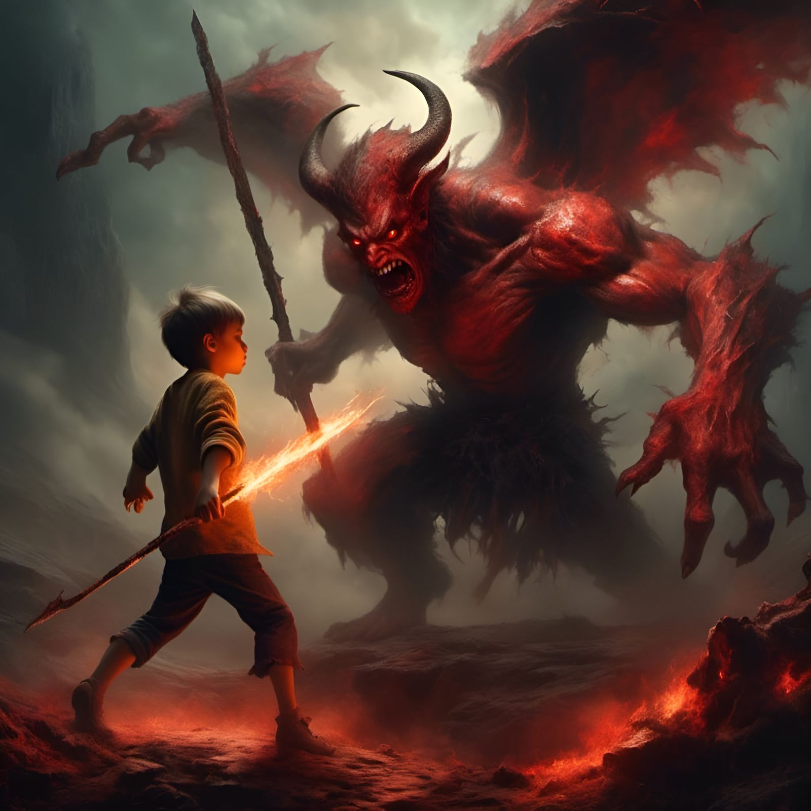 Boy Stabs Demon with Ice Spear: Action Painting