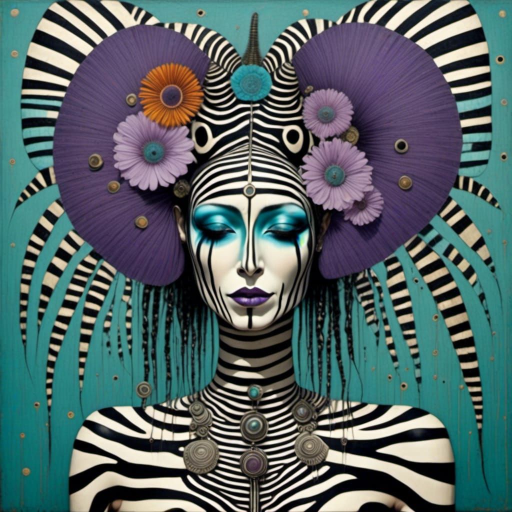 Abstract Zebra Shaman with Purple Flowers