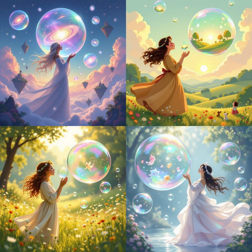 Giantess Blowing Bubbles with Tiny Figures Inside