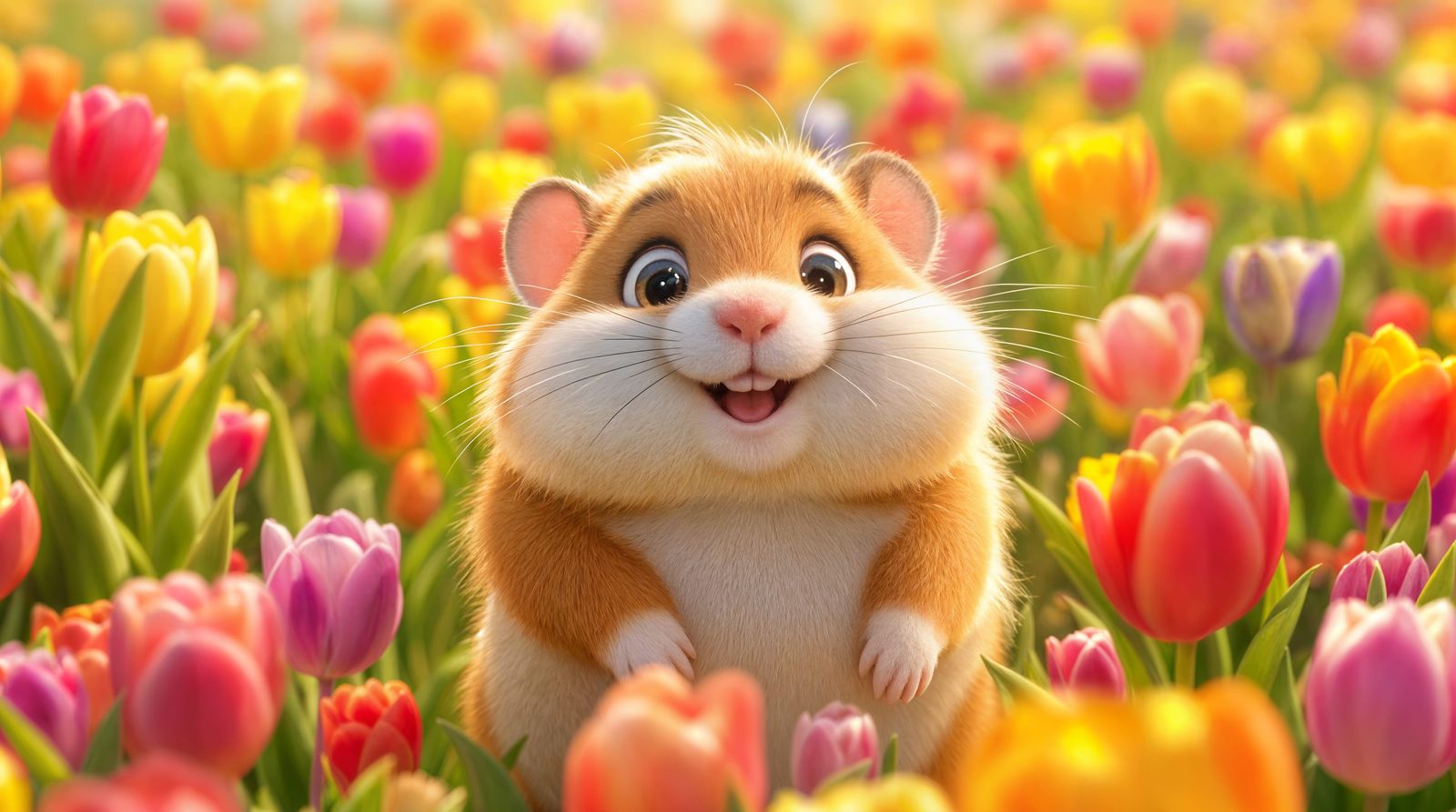Cheerful CGI Cartoon Hamster Amidst Vibrant Tulips