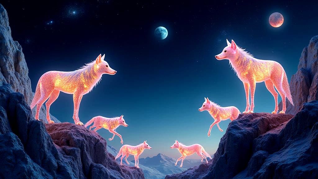 Glass Wolves Amidst Celestial Realms