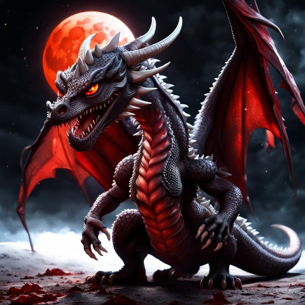 Chibi Dragon Hissing Under Blood Moon in Fantasycore Style