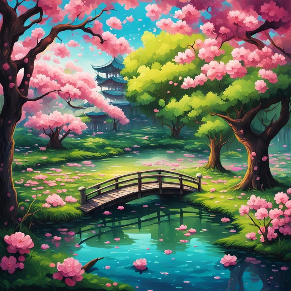 Lush Garden with Cherry Blossoms in Graffiti Style