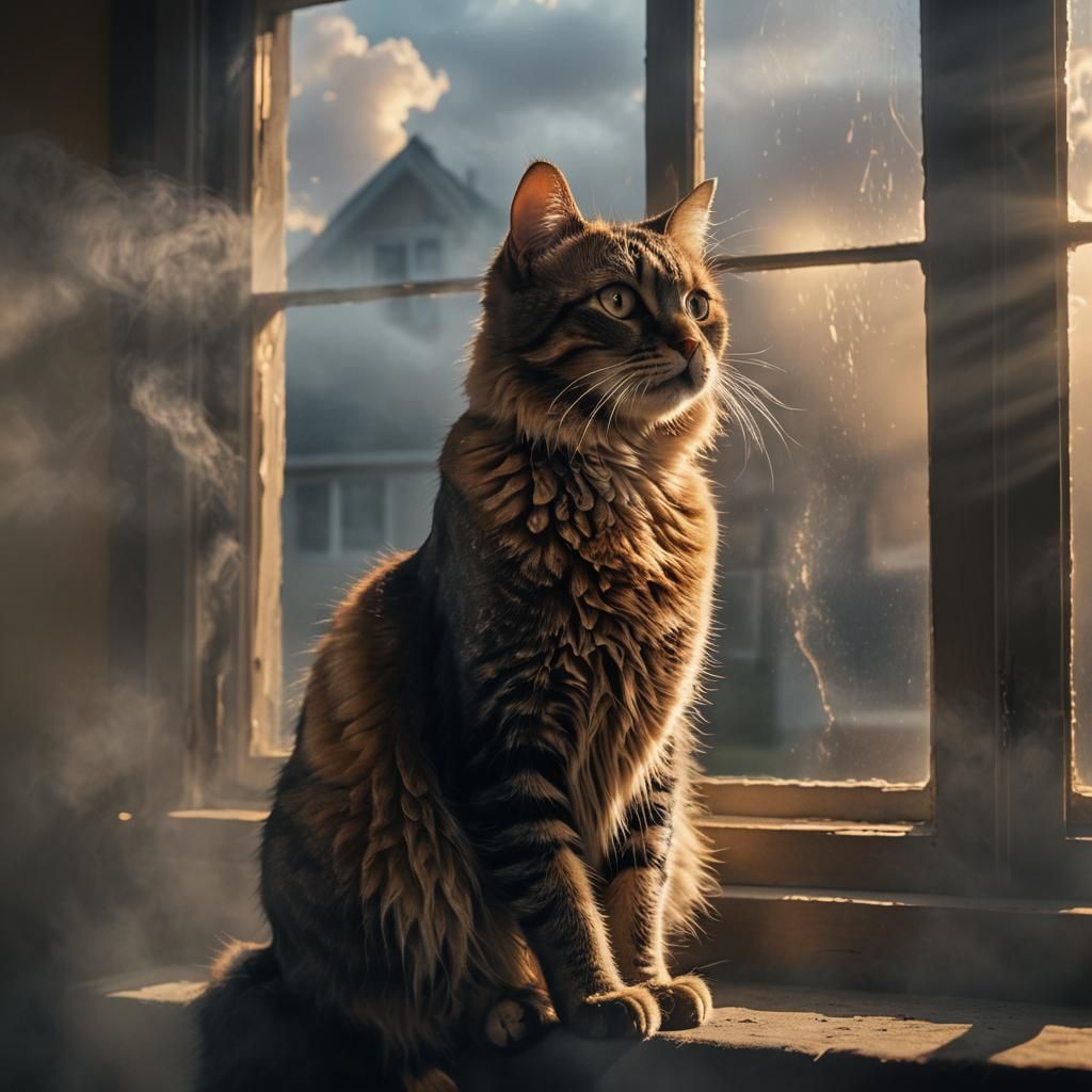 Eerie Surreal Cat in Misty Dawn Light