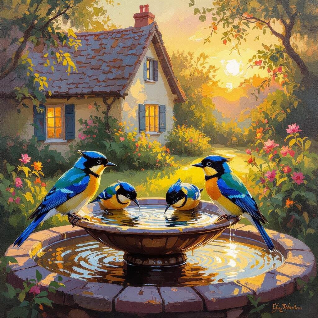 Exotic Birds Drink From Birdbath in Golden Hour Oil Painting
