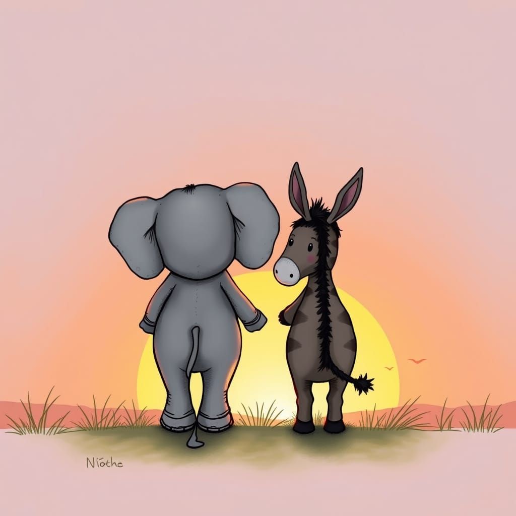 Tim Burtonesque Elephant and Donkey Sunset