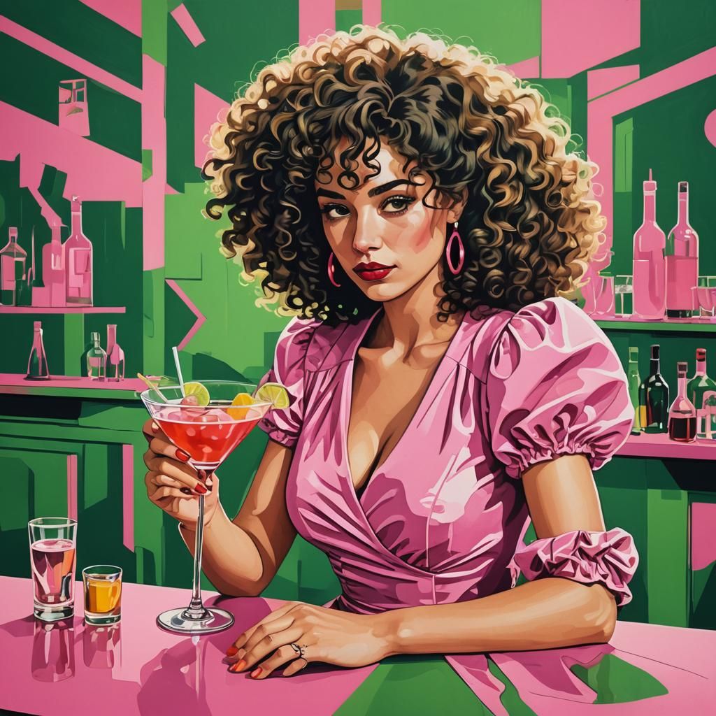 Pop Art Woman with Cocktail at Green Bar