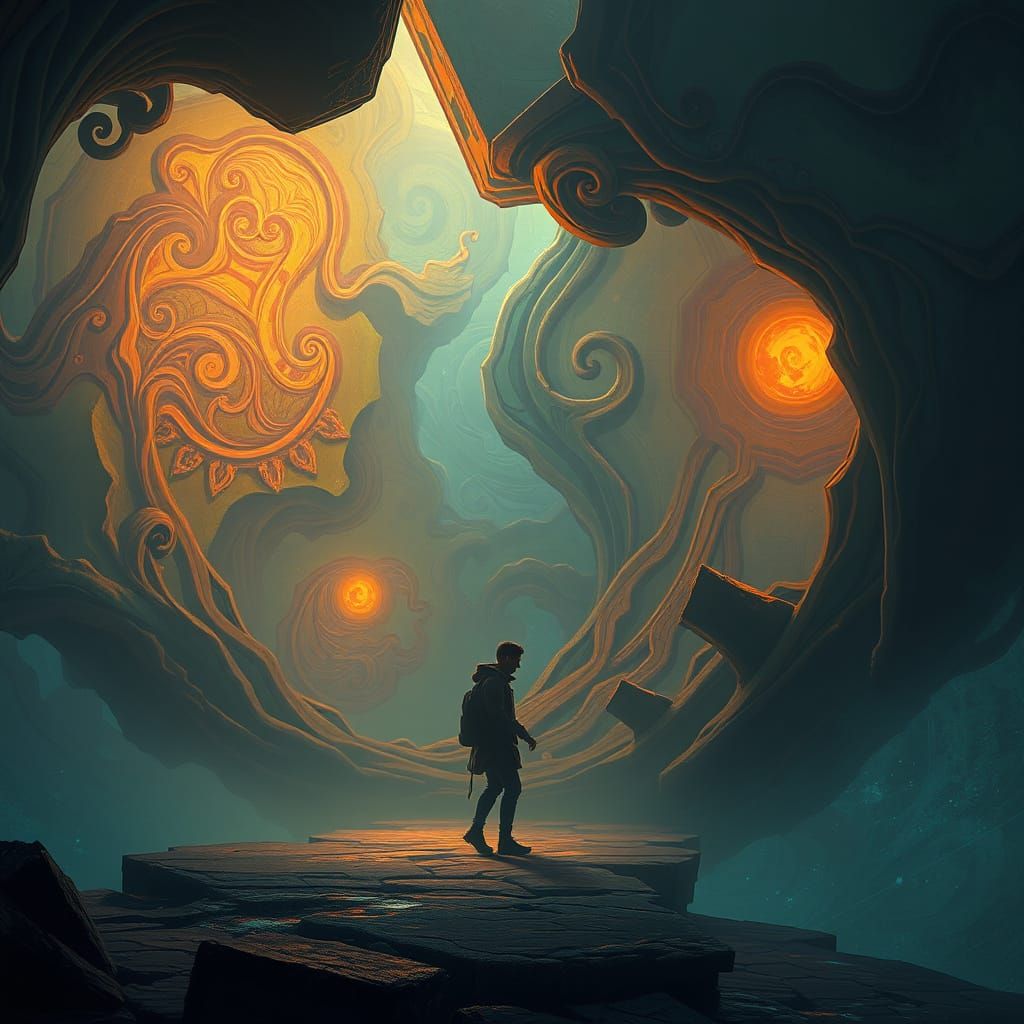 Surreal Concept Art of Contemplative Figure in Dreamlike Env...