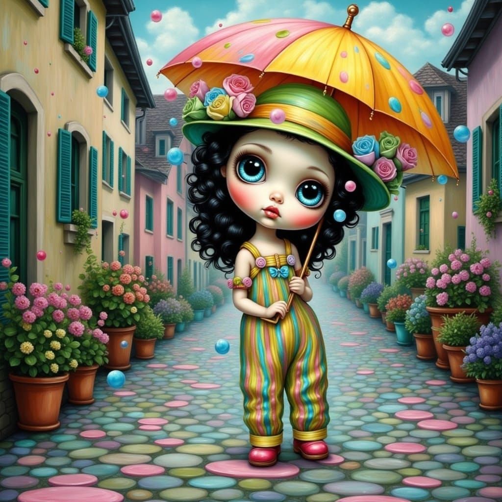 Whimsical Girl with Umbrella in Impressionistic Village