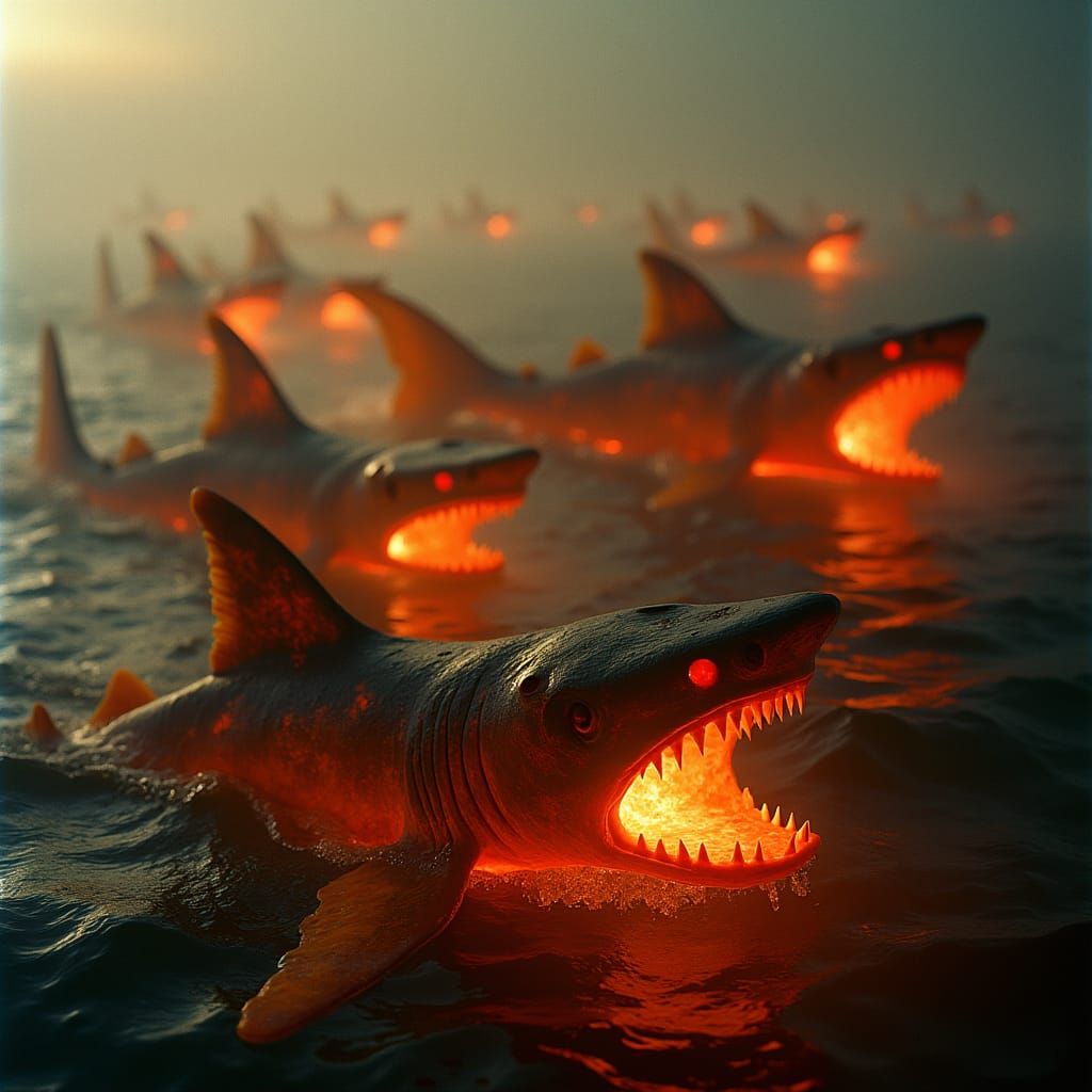 Lava Sharks Topped with Cheese in Cinematic Style
