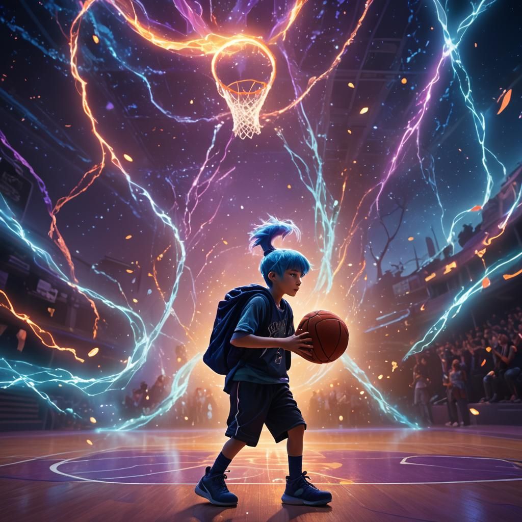 Mystical Arena: Blue-Haired Child with Glowing Basketball