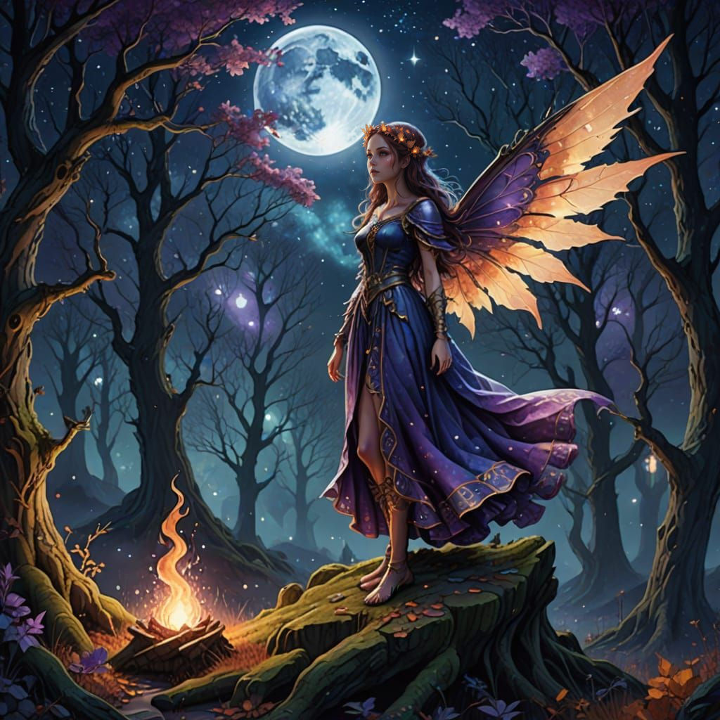 Fire fairy dressed in autumn leaf dress with flame wings. Background starry night