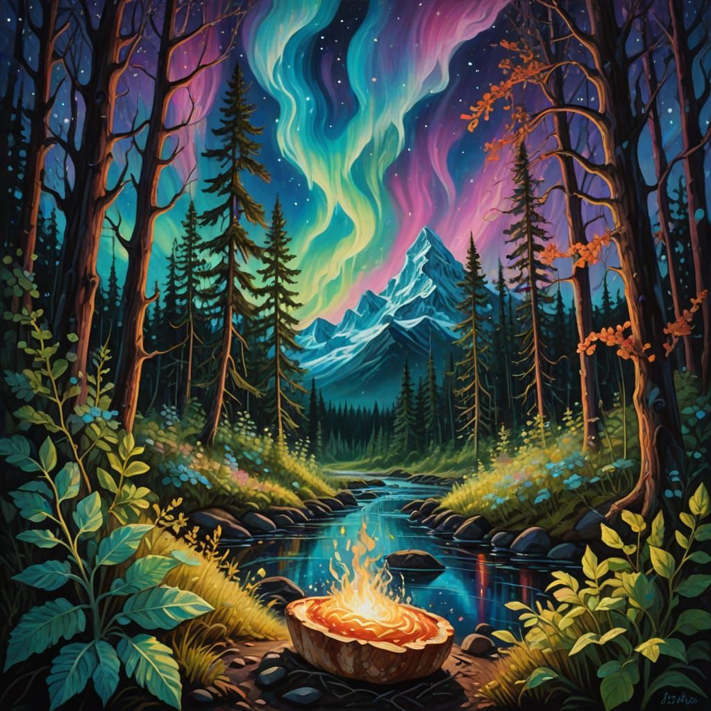 Alaskan Sourdough in Mystical Forest, Surreal Oil Painting