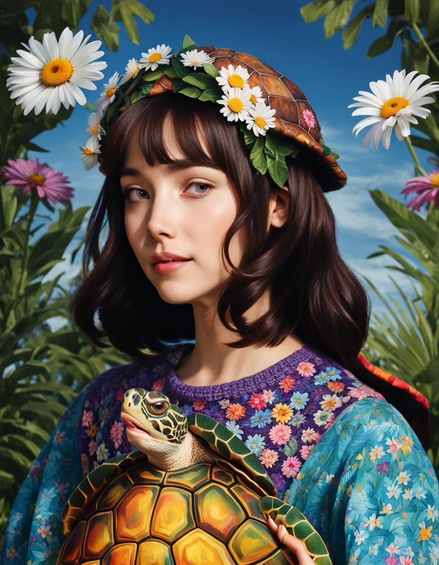 Girl with Turtle in Floral Patchwork Design