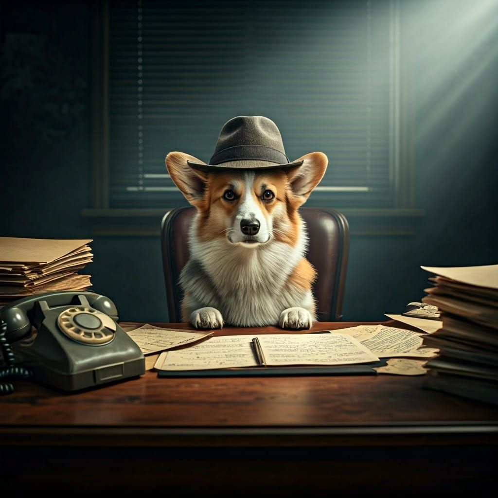 Mysterious Corgi Detective Sits in Smoky Film Noir Office