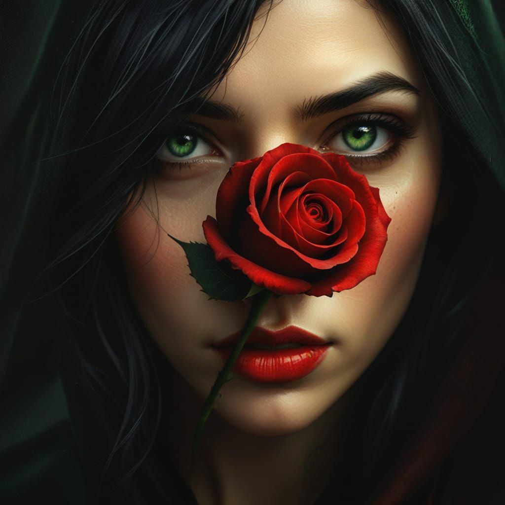 Ethereal Green-Eyed Woman in Muted Red Hood