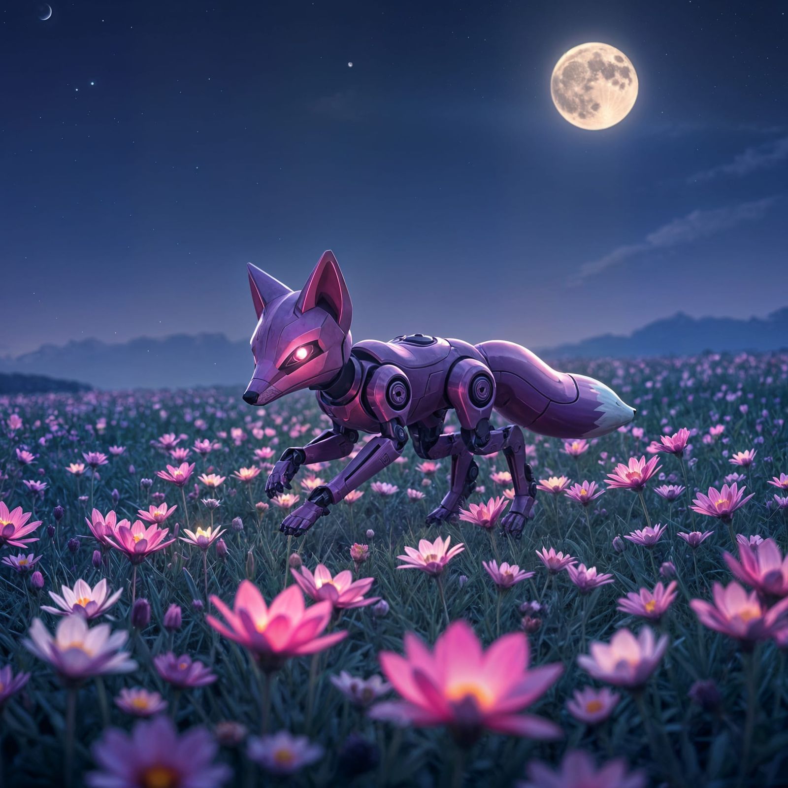 Surreal Nighttime Scene of Fox Robot in Pastel-Colored Bloom