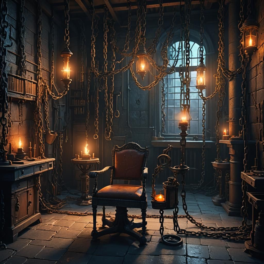 Mystical Dark Fantasy Laboratory with Chained Chair