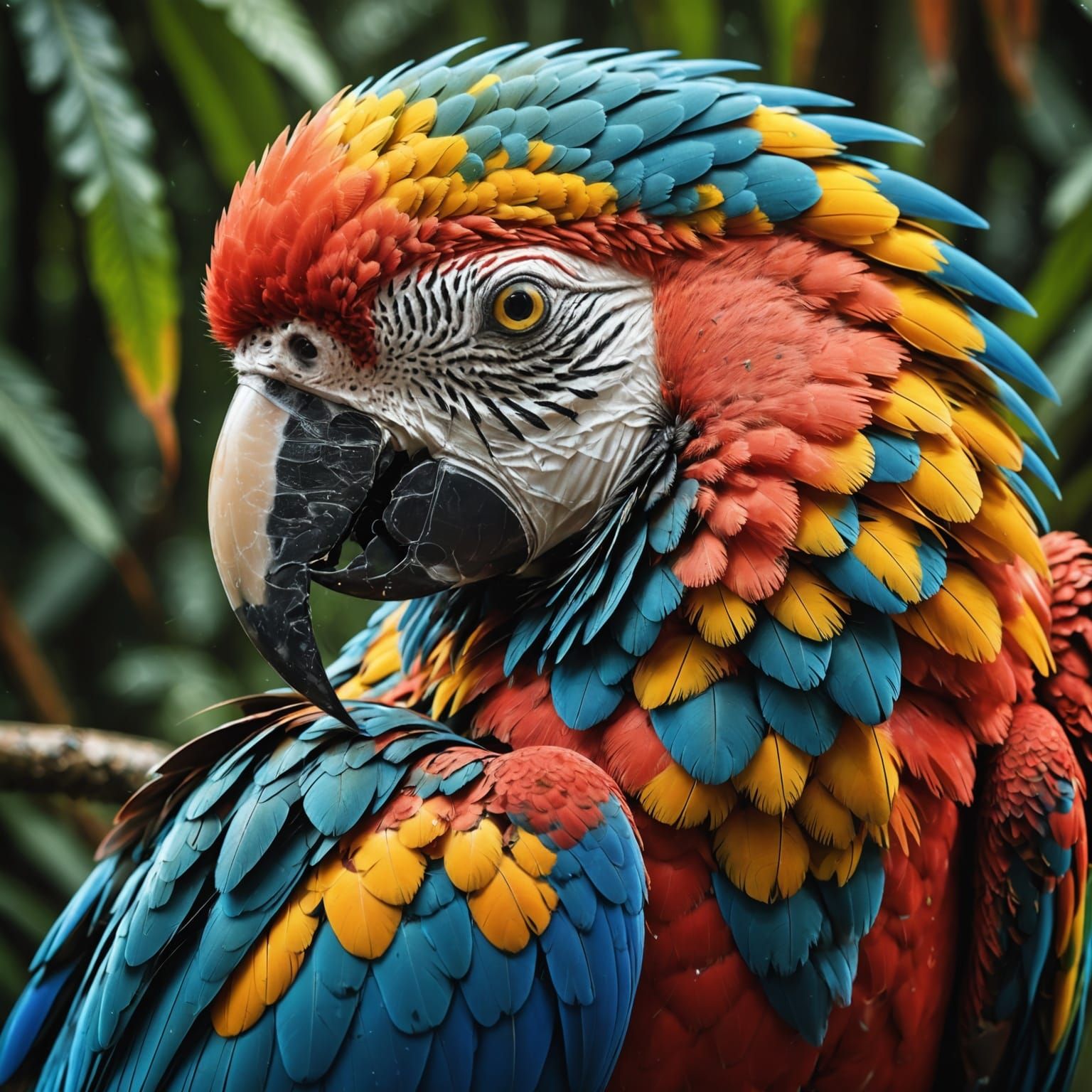 Hyperrealistic Macaw Feather Reflecting Jungle Canopy