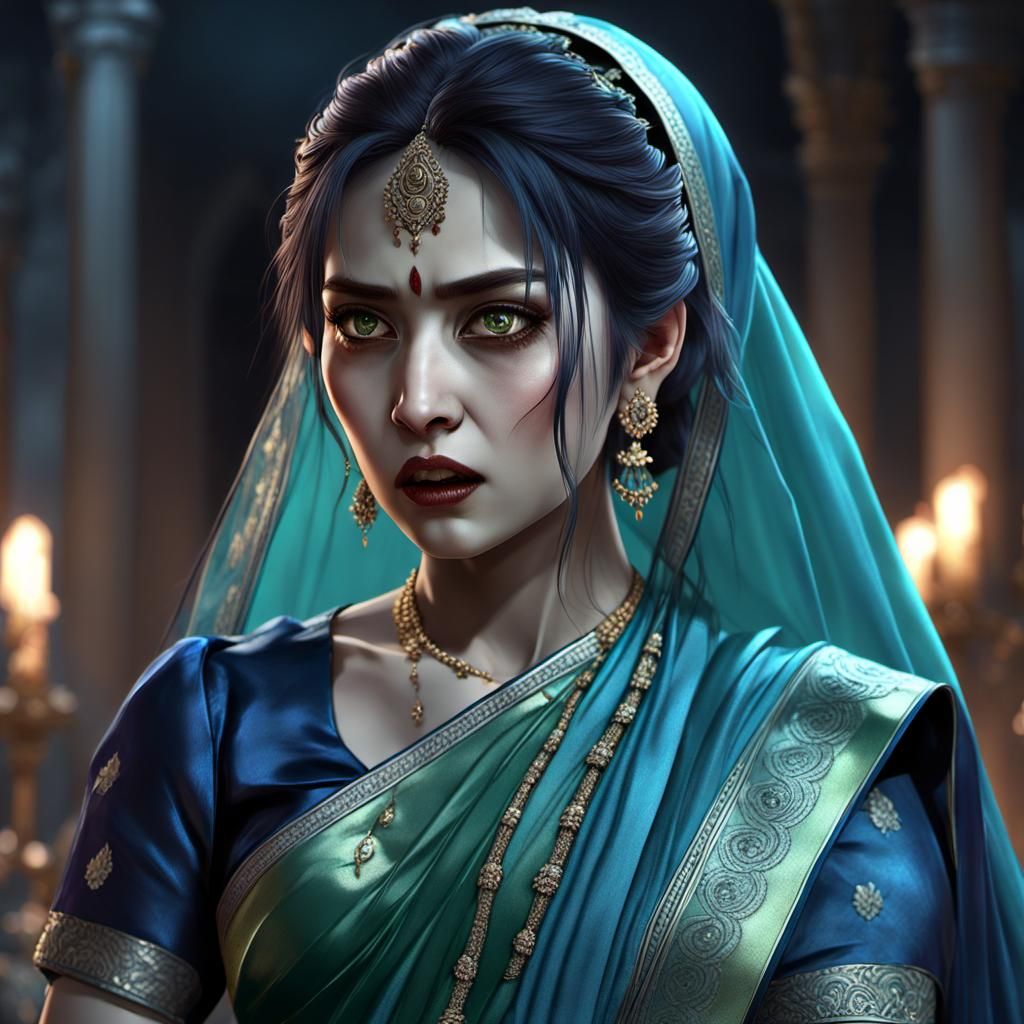 Enraged Vampire in Green Saree: Detailed Digital Painting