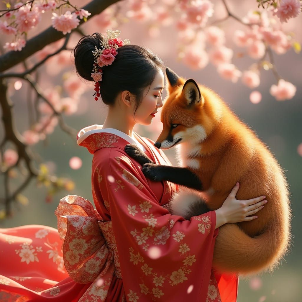Whimsical Japanese Maiden and Fox Spirit