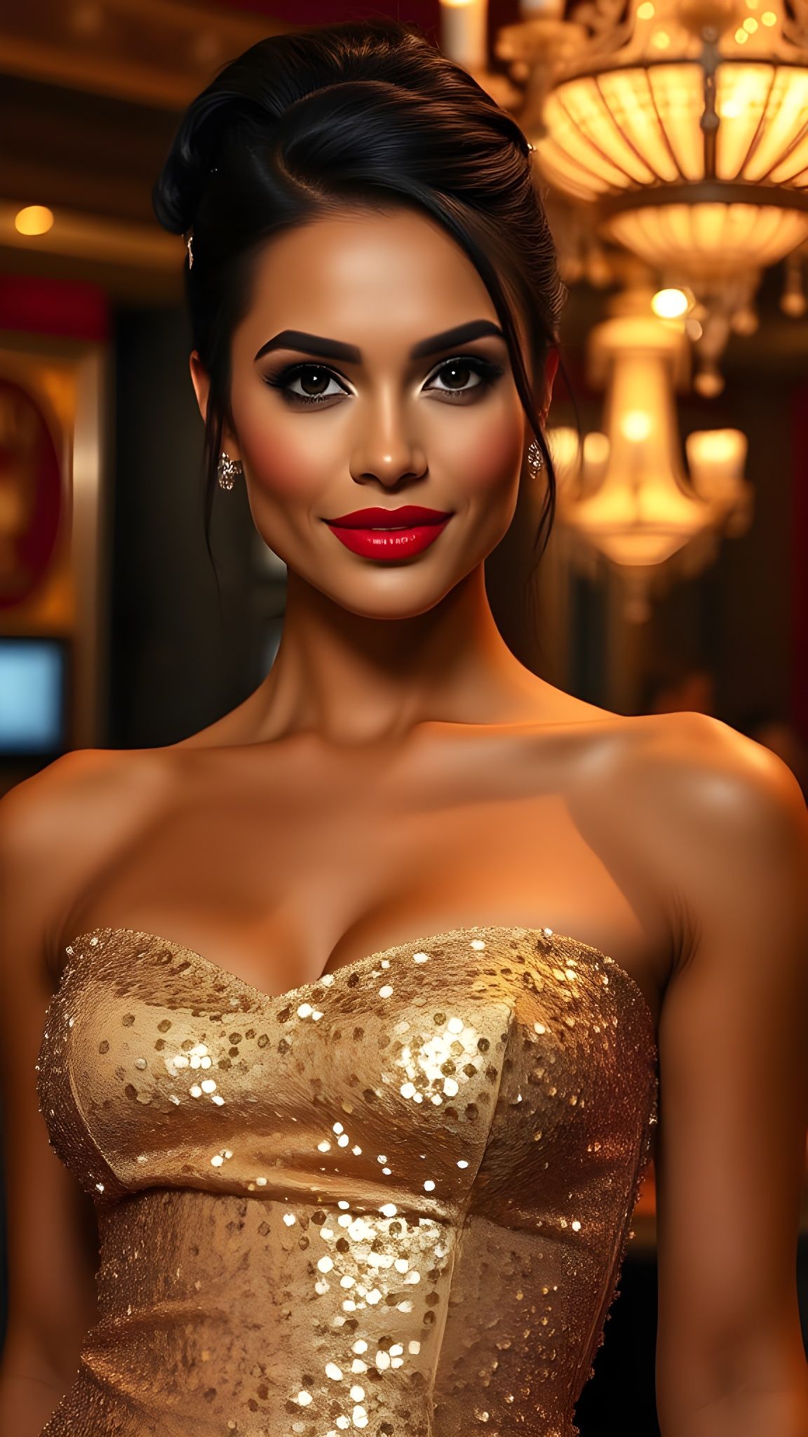 Elegant Latina Supermodel in Gold Sequin Gown