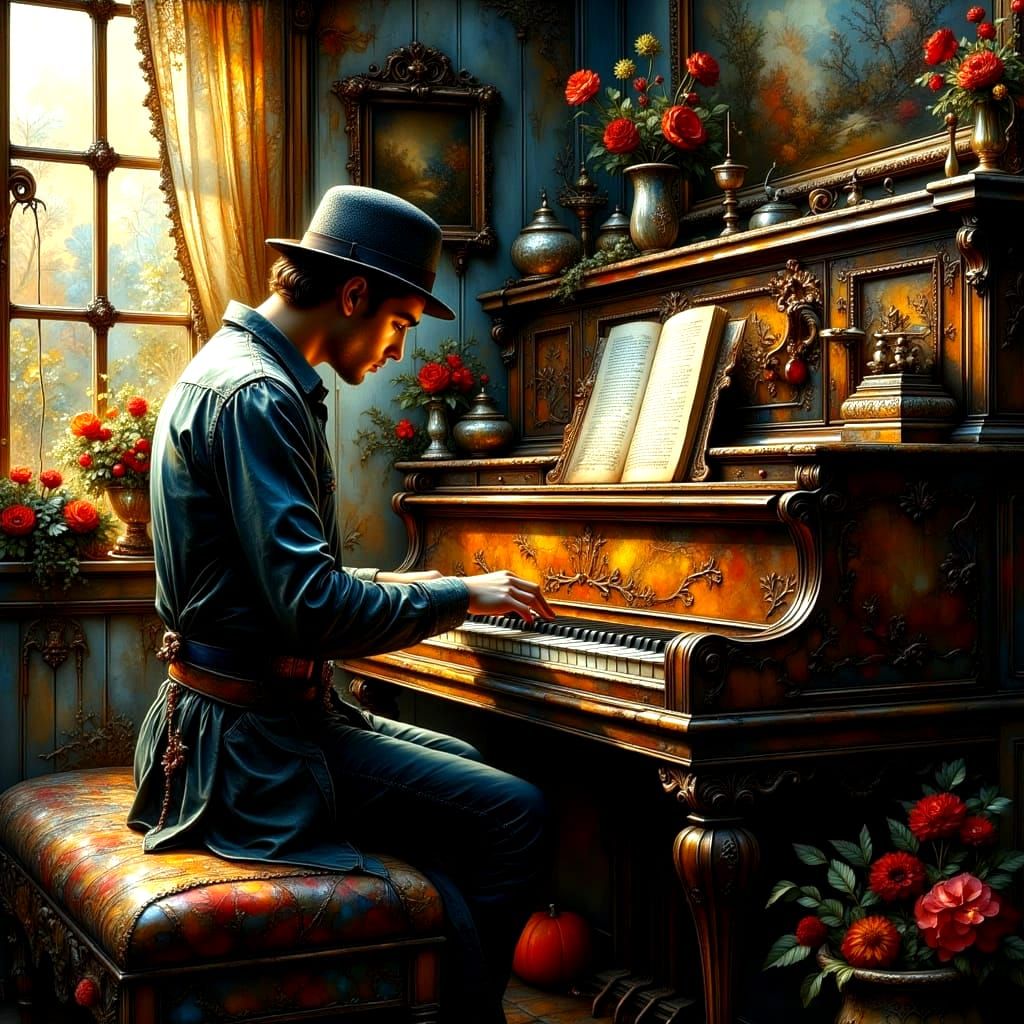 Piano Player in Impasto Oil Painting Style