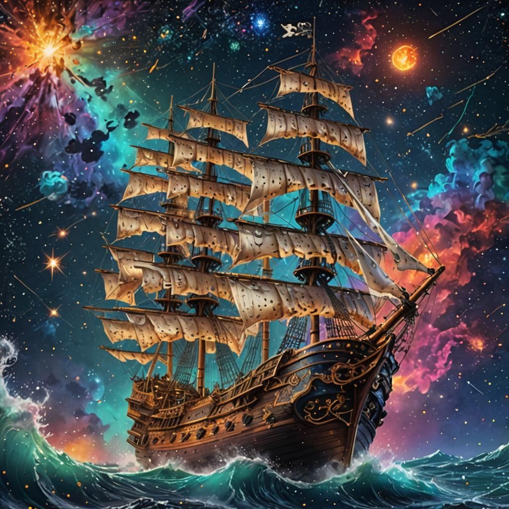 Cosmic Pirate Ship Amidst Star Constellation