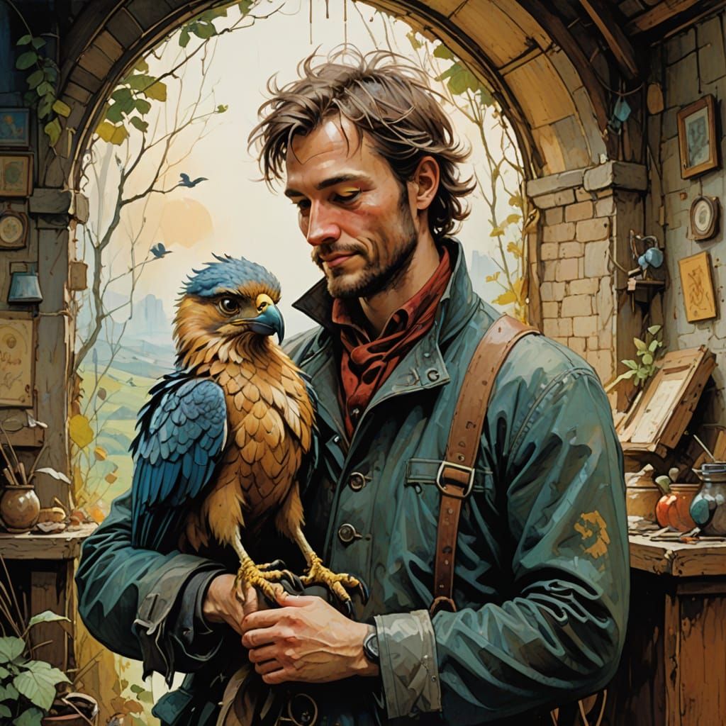 Whimsical Folk Art Squire Befriends Baby Gryphon