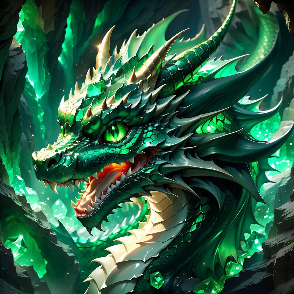 Emerald Dragon Roaring in Cave: Anime Portrait