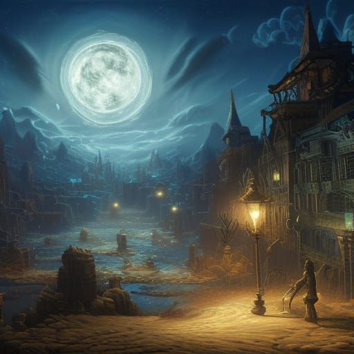 Eldritch Moon Over Shadow Town: Digital Illustration