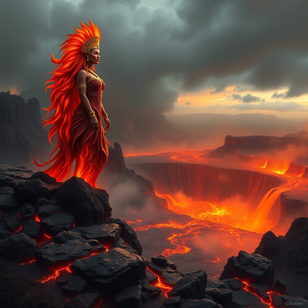 Pele Goddess Commands Kilauea Crater in Vibrant, Dreamlike S...
