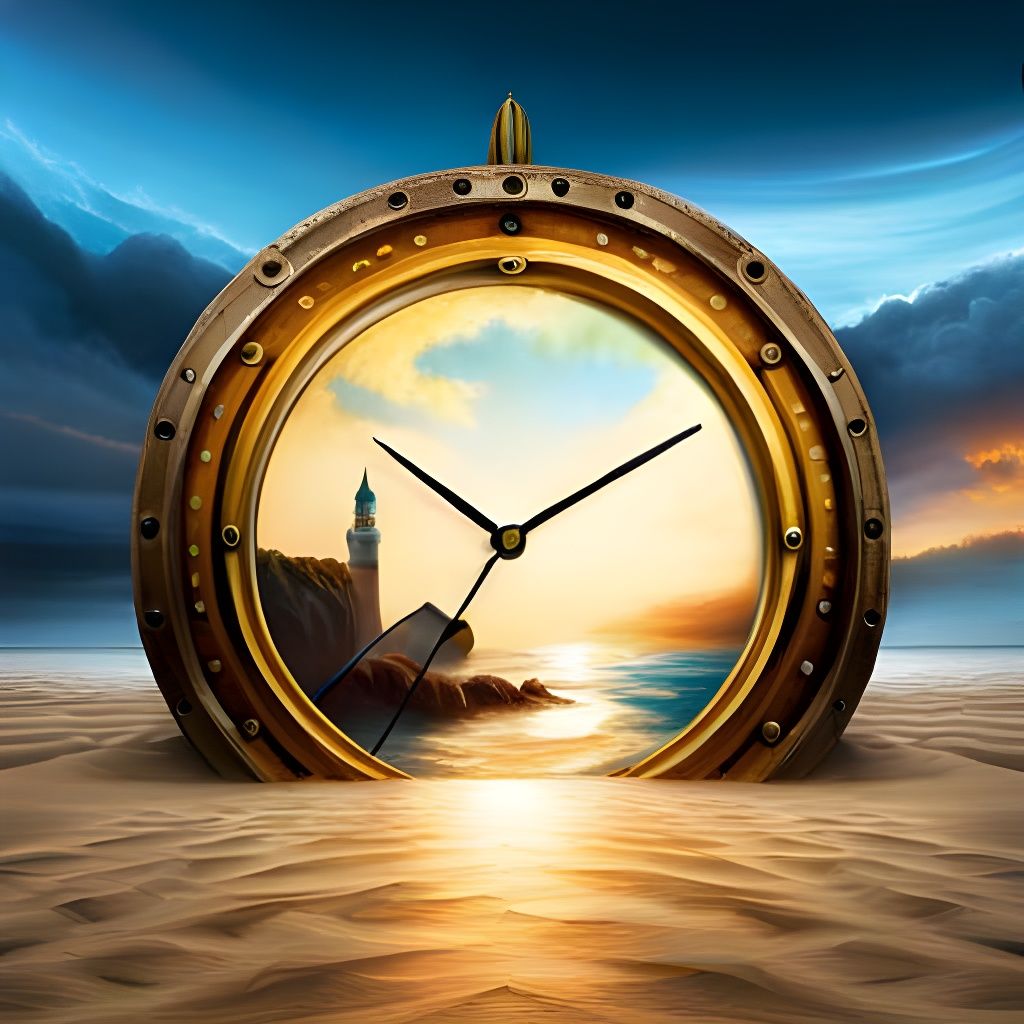 Steampunk Clock on Beach, Impressionistic Digital Art