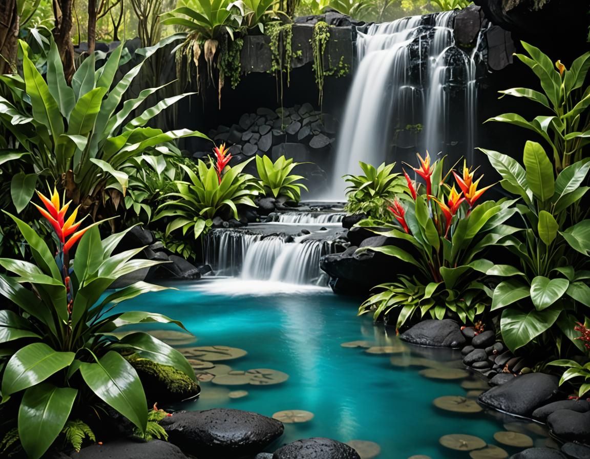Turquoise Hawaiian Oasis Waterfall in Photo-Realism