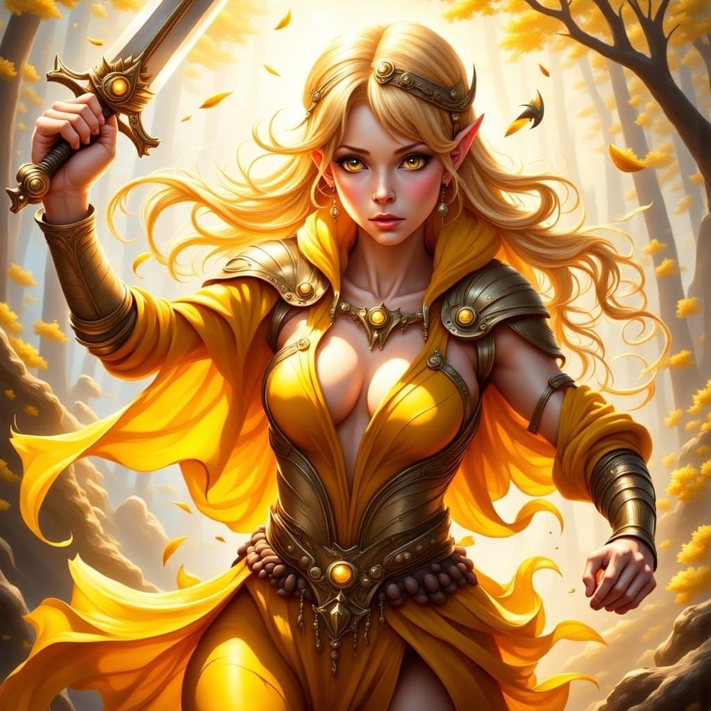 Elegant Elven Warrior in Golden Armor