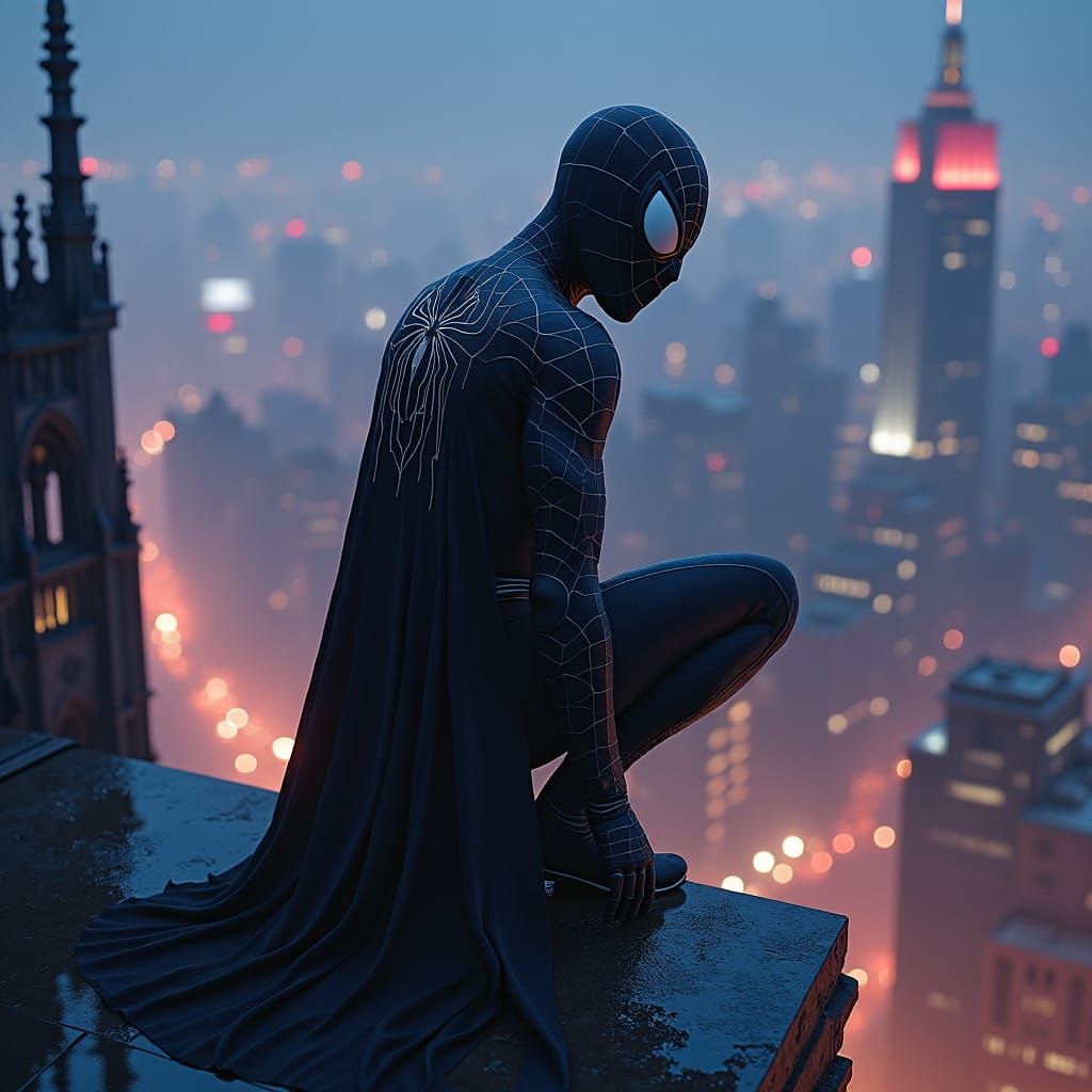 Spider-Man in Black Suit on Gothic Skyscraper