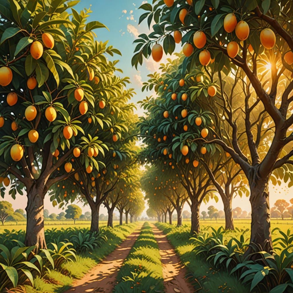 Lush Mango Fields in Whimsical Oil Painting