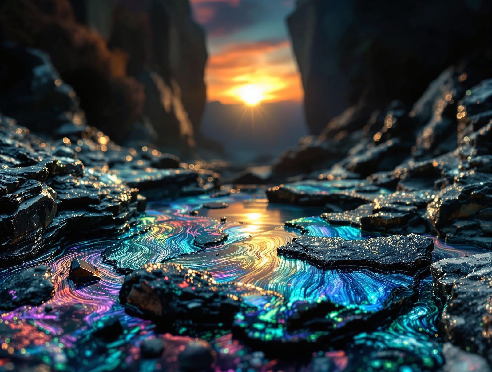 Layered Labradorite Landscape with Moldavite and Jasper