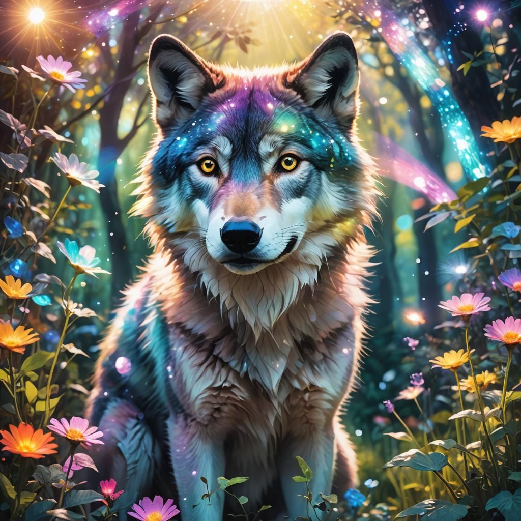 Cute Wolf in Dream Garden: Iridescent Illustration