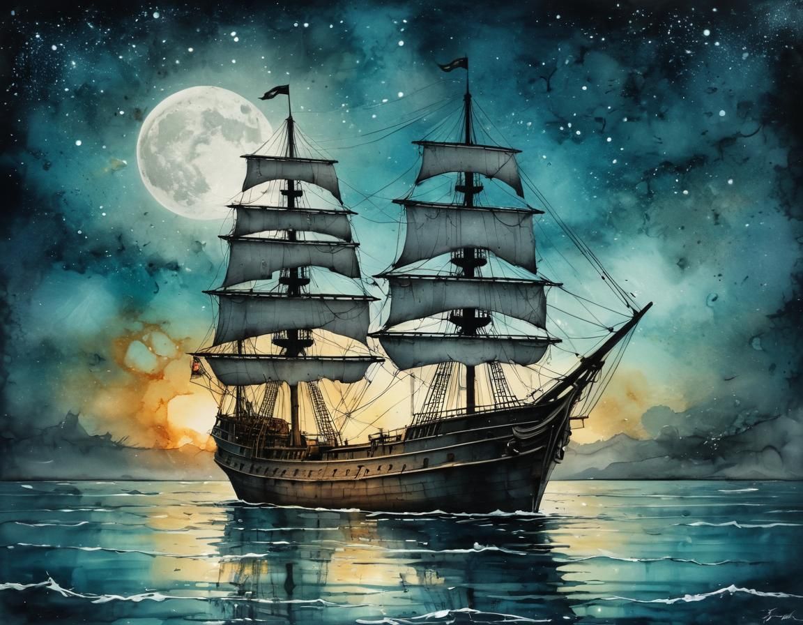 Majestic Ship Sails Under Moonlight in Watercolor Style