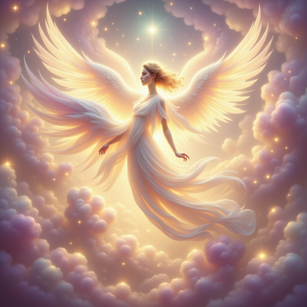 Celestial Angel Flies Through Whimsical Sky