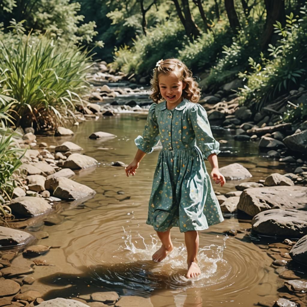 1950s Girl Splashing in Creek on Sunny Day